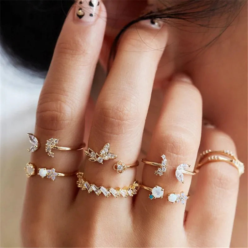 Conjunto de anillos de cristal de Color plateado para mujer