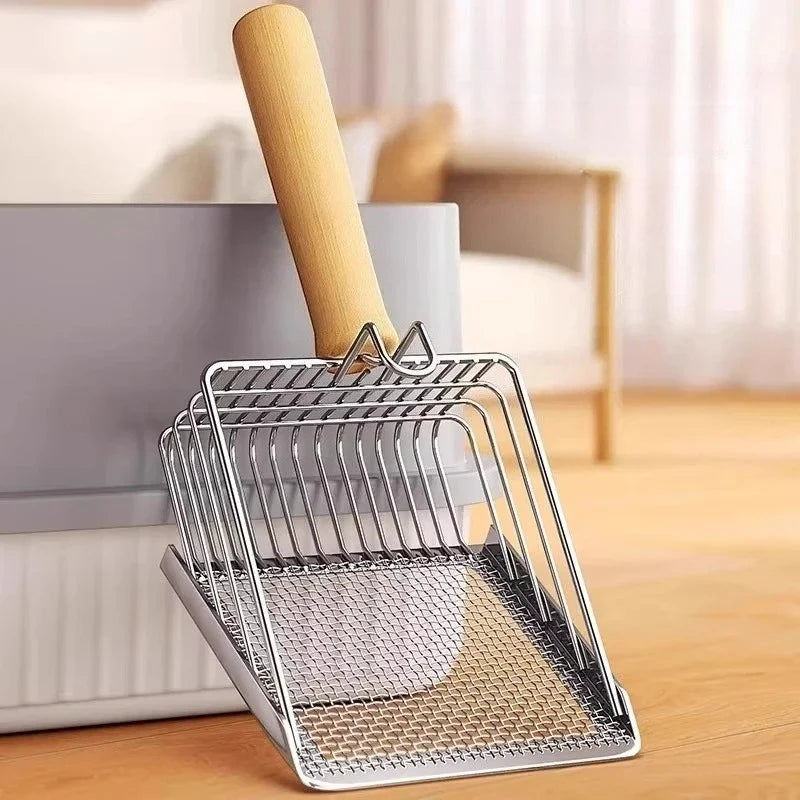 Pala de metal para arena de gatos con mango de madera