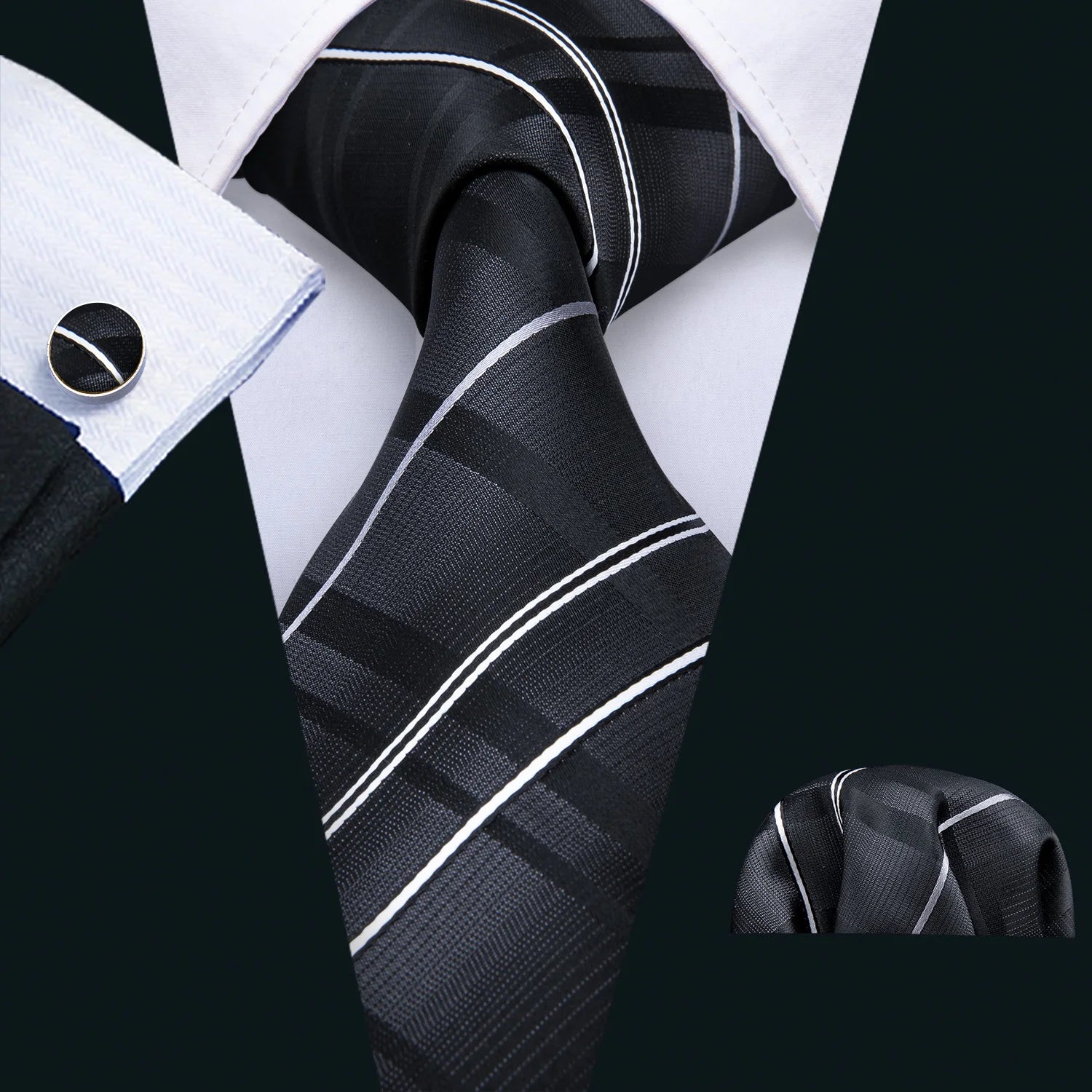 Set de Corbata Negra Elegante para Hombre con Mancuernillas y Pañuelo