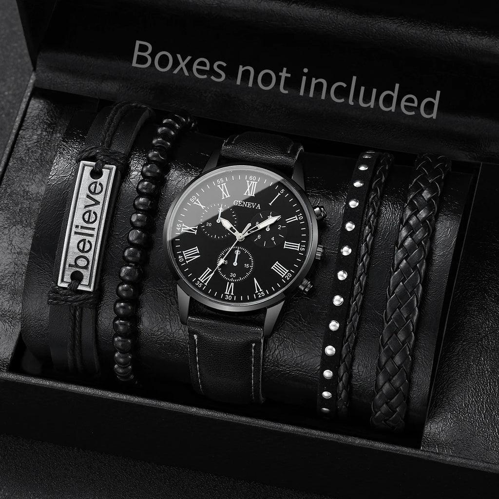 Set de Relojes para Hombre con Pulseras Vintage de Piel 4/5 Piezas