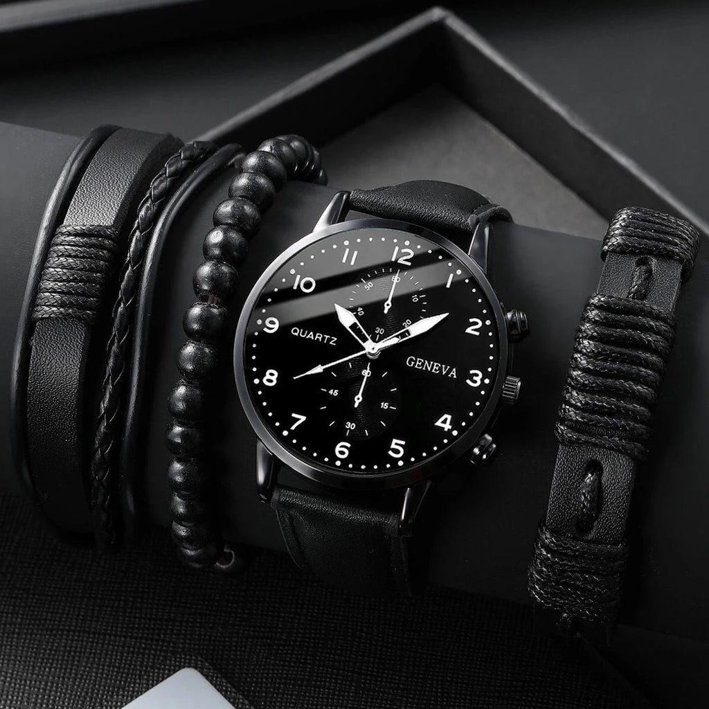 Set de Relojes para Hombre con Pulseras Vintage de Piel 4/5 Piezas