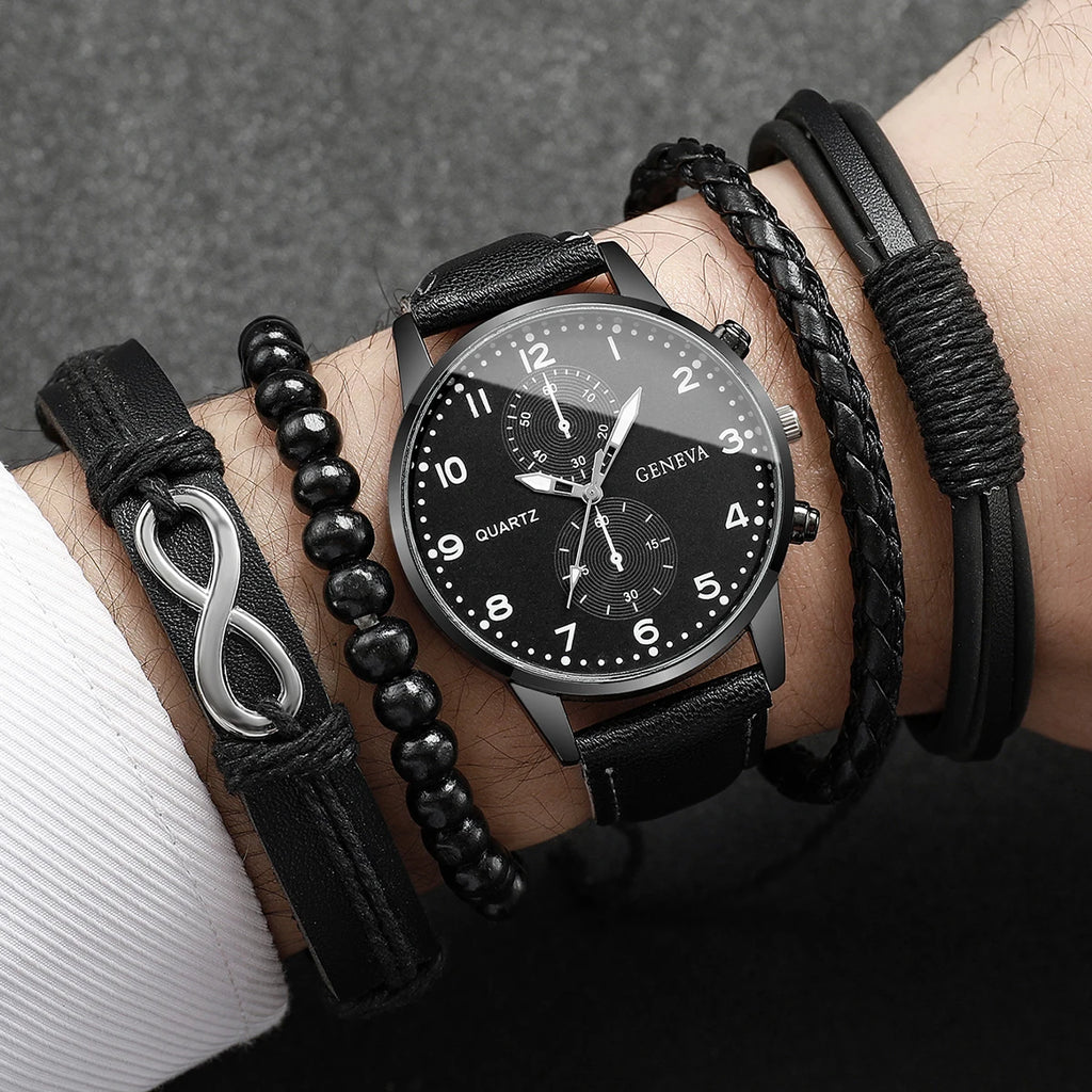 Set de Relojes para Hombre con Pulseras Vintage de Piel 4/5 Piezas