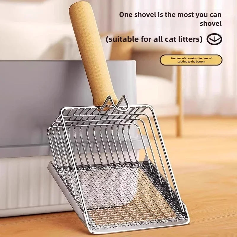Pala de metal para arena de gatos con mango de madera