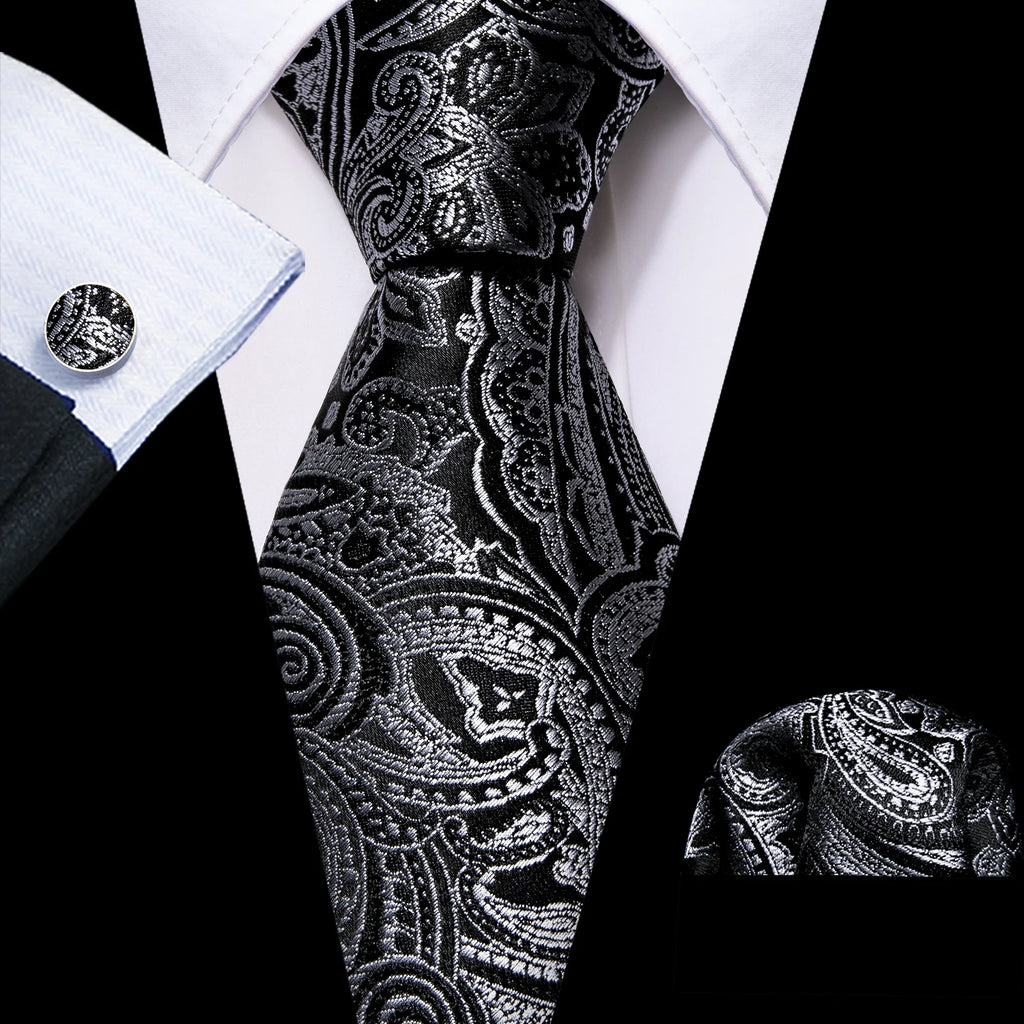 Set de Corbata Negra Elegante para Hombre con Mancuernillas y Pañuelo