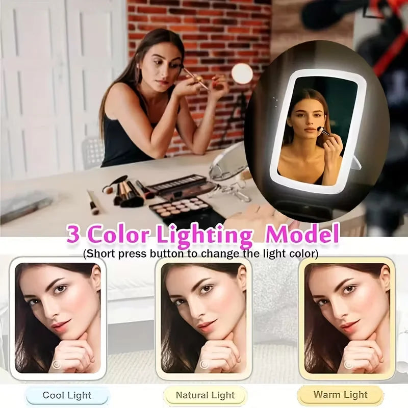 Espejo de maquillaje LED con soporte de escritorio plegable