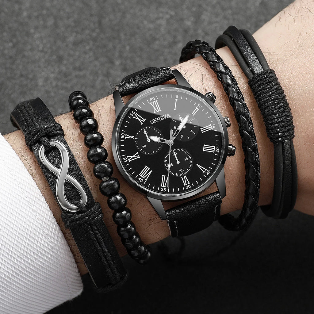 Set de Relojes para Hombre con Pulseras Vintage de Piel 4/5 Piezas