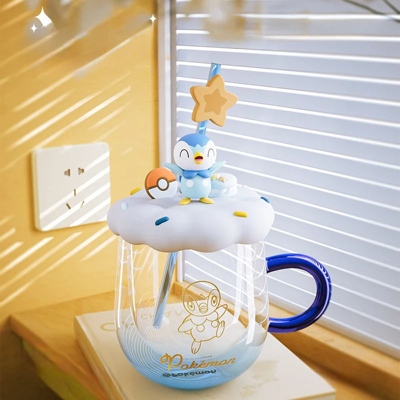 Vaso Pokémon de Cristal con Tapa y Popote Diseño Pikachu y Piplup