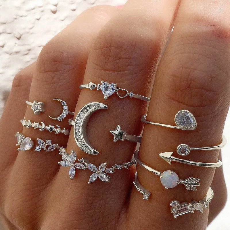 Conjunto de anillos de cristal de Color plateado para mujer