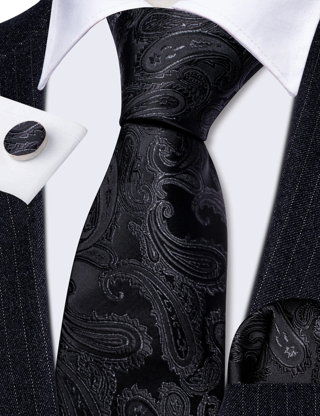 Set de Corbata Negra Elegante para Hombre con Mancuernillas y Pañuelo