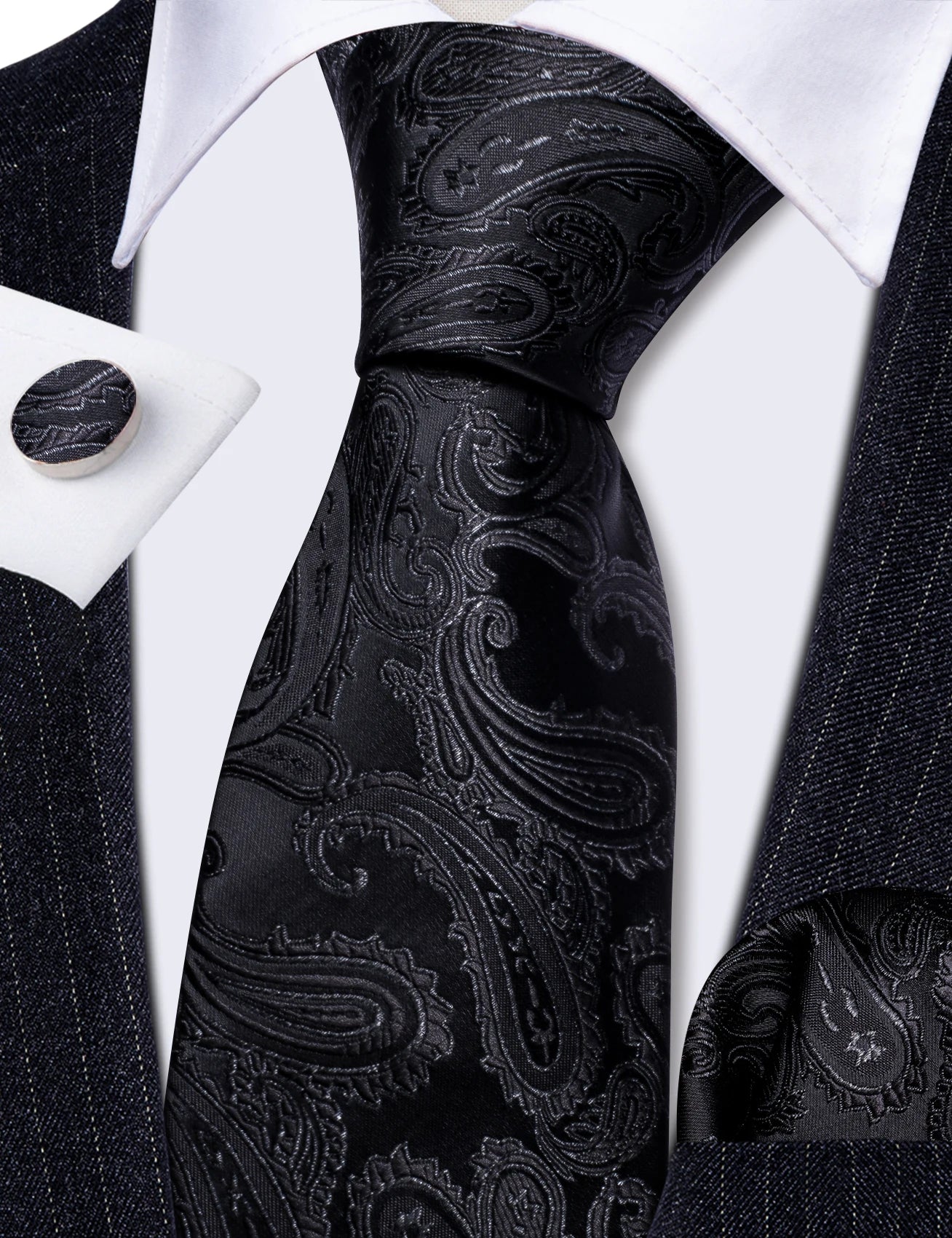 Set de Corbata Negra Elegante para Hombre con Mancuernillas y Pañuelo