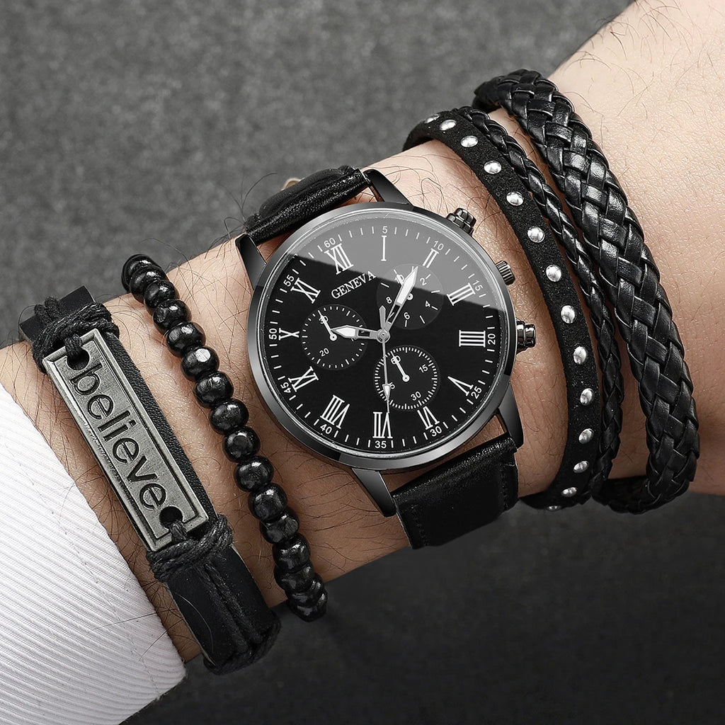 Set de Relojes para Hombre con Pulseras Vintage de Piel 4/5 Piezas
