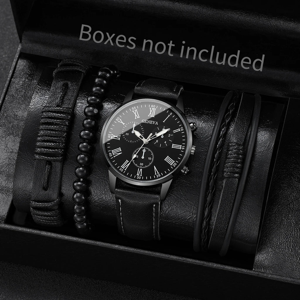 Set de Relojes para Hombre con Pulseras Vintage de Piel 4/5 Piezas