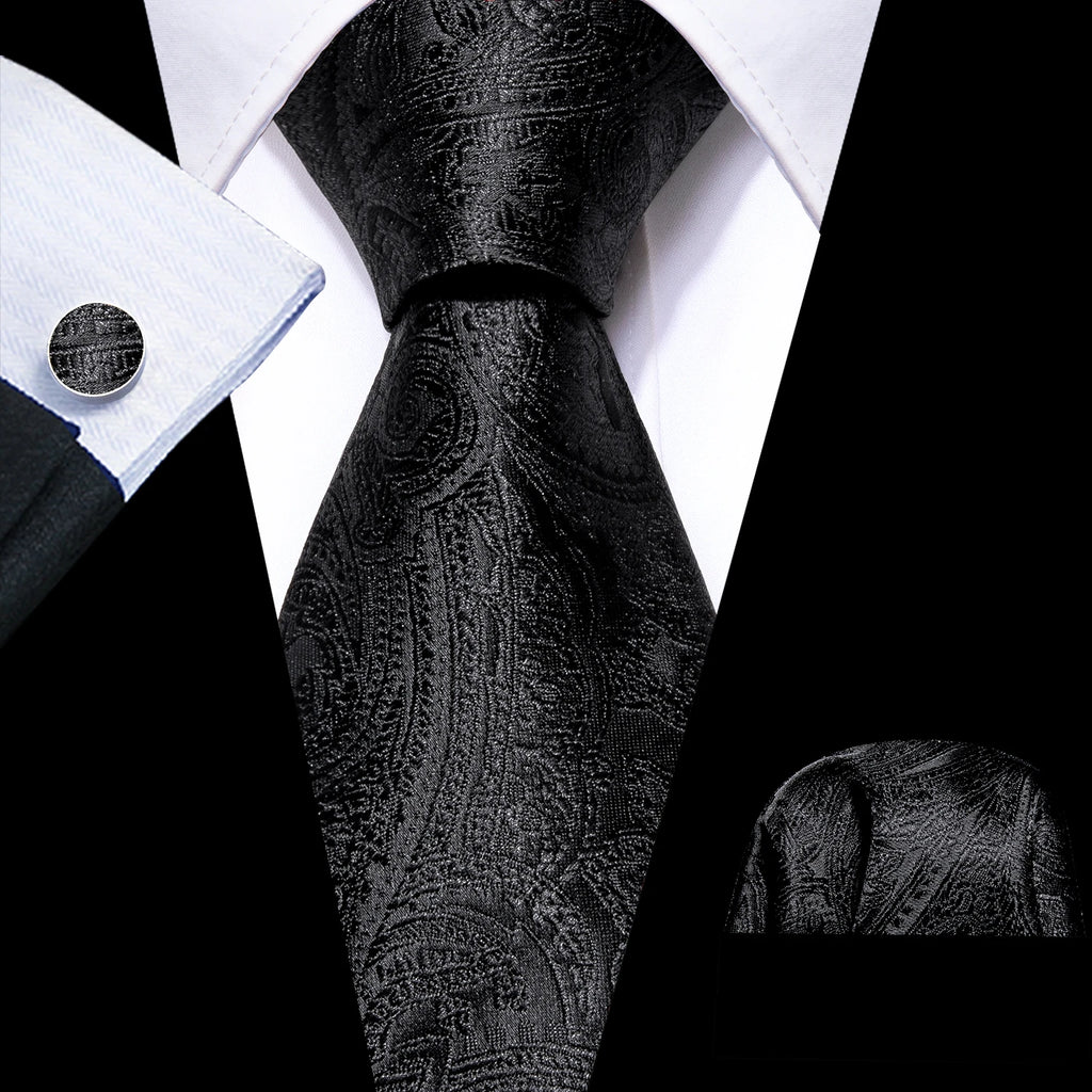 Set de Corbata Negra Elegante para Hombre con Mancuernillas y Pañuelo