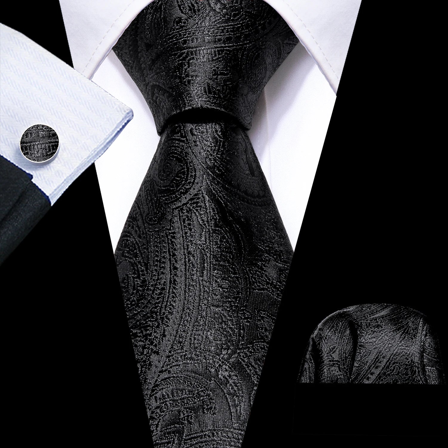 Set de Corbata Negra Elegante para Hombre con Mancuernillas y Pañuelo