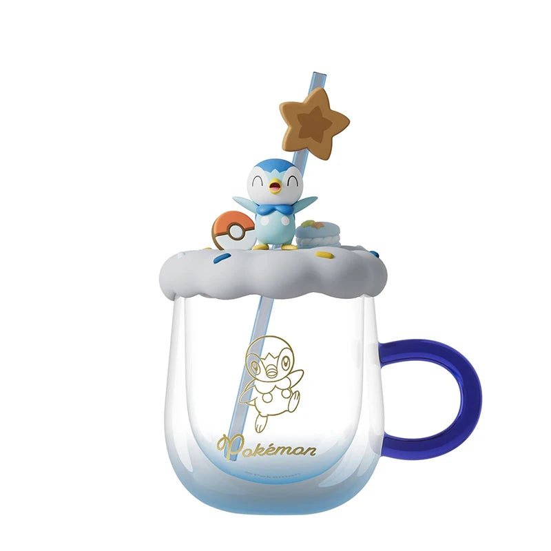 Vaso Pokémon de Cristal con Tapa y Popote Diseño Pikachu y Piplup