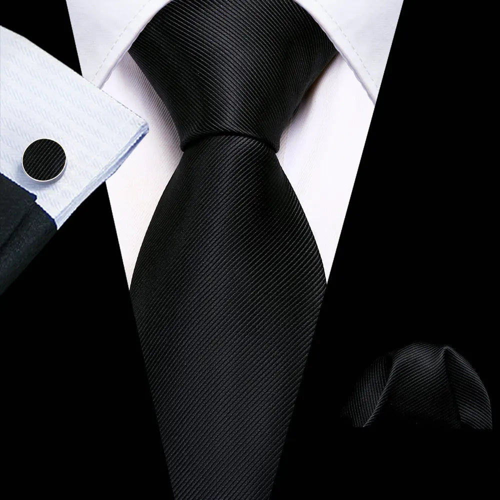 Set de Corbata Negra Elegante para Hombre con Mancuernillas y Pañuelo