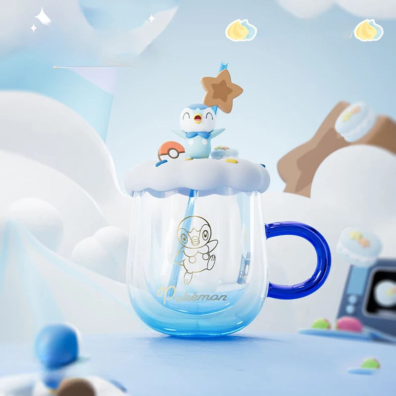 Vaso Pokémon de Cristal con Tapa y Popote Diseño Pikachu y Piplup