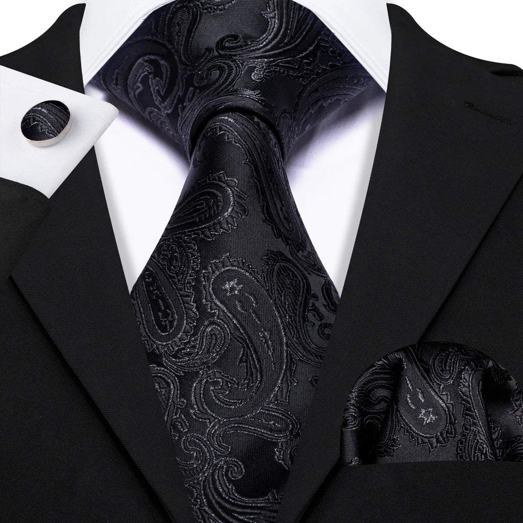 Set de Corbata Negra Elegante para Hombre con Mancuernillas y Pañuelo