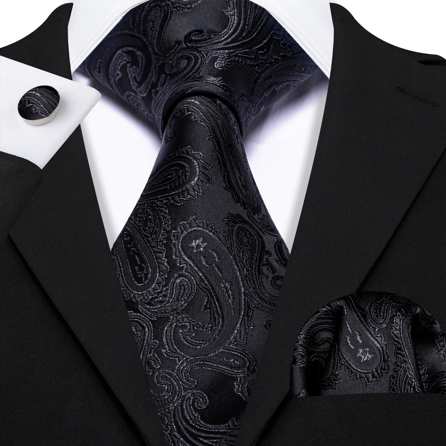 Set de Corbata Negra Elegante para Hombre con Mancuernillas y Pañuelo