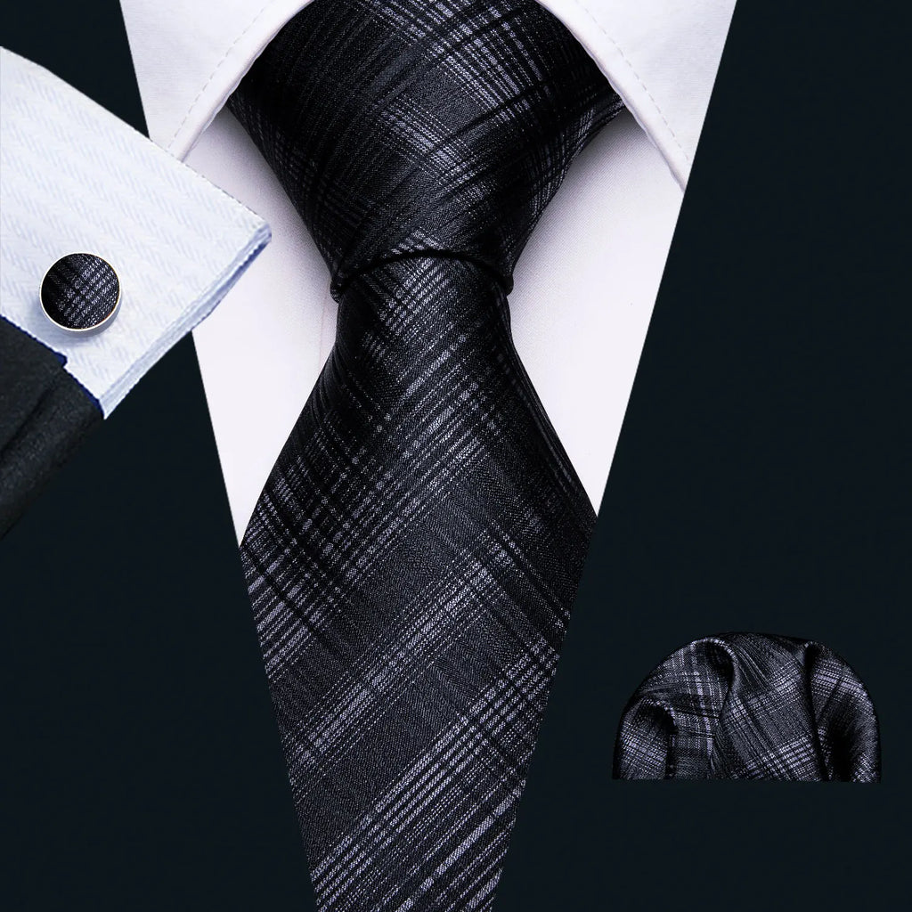 Set de Corbata Negra Elegante para Hombre con Mancuernillas y Pañuelo