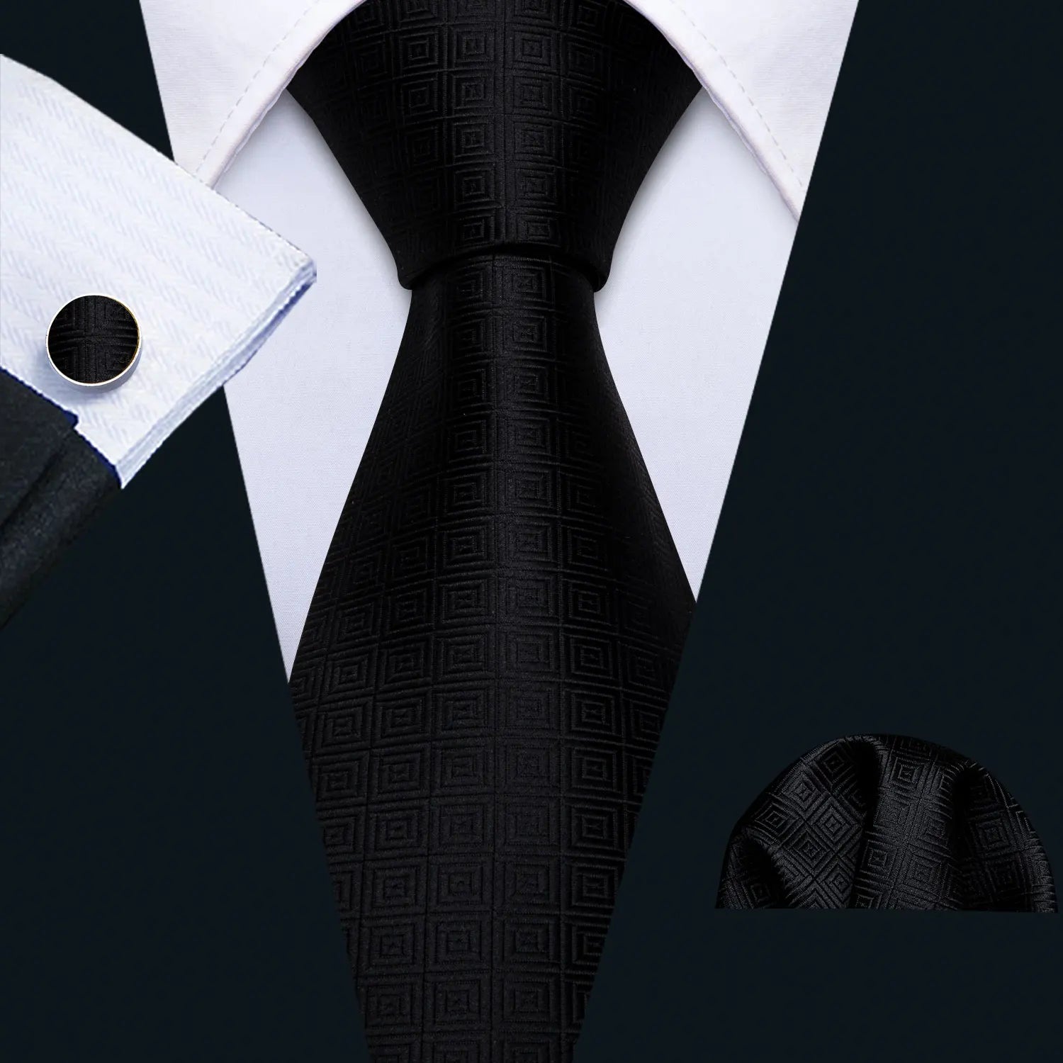 Set de Corbata Negra Elegante para Hombre con Mancuernillas y Pañuelo