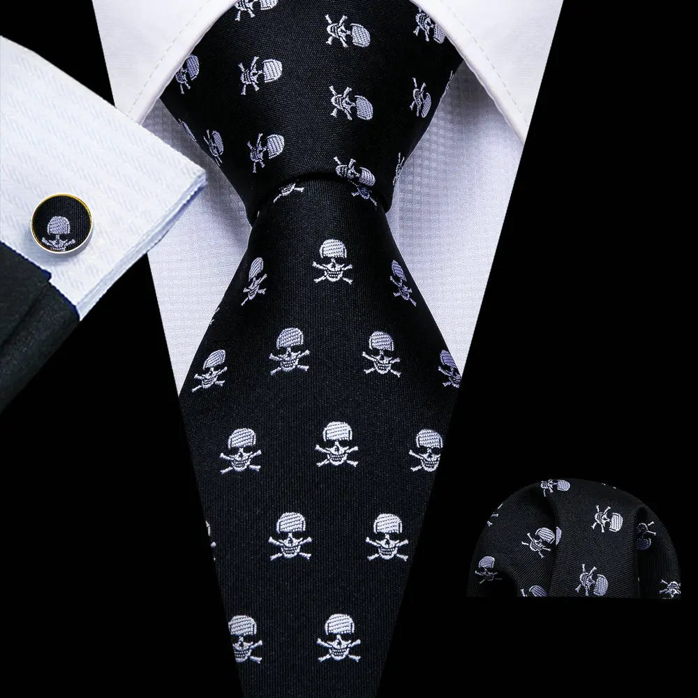 Set de Corbata Negra Elegante para Hombre con Mancuernillas y Pañuelo