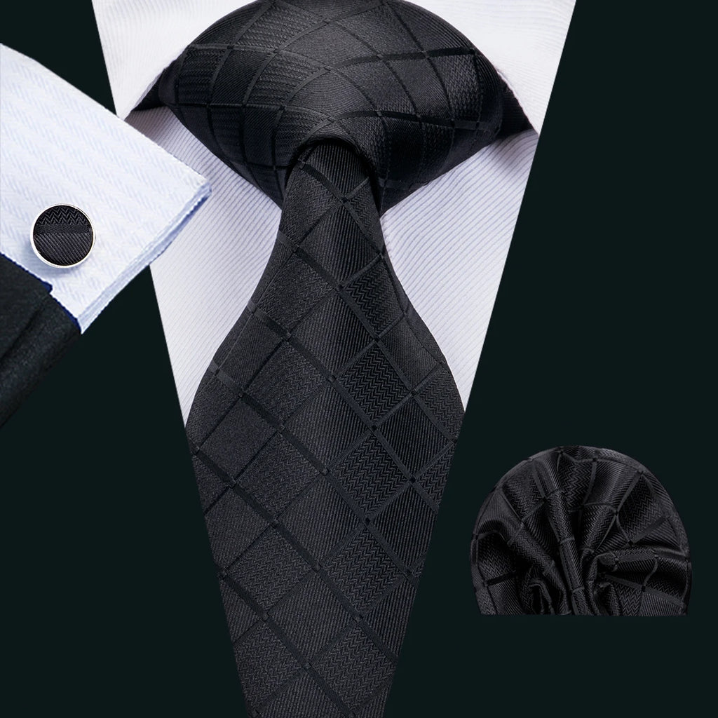 Set de Corbata Negra Elegante para Hombre con Mancuernillas y Pañuelo