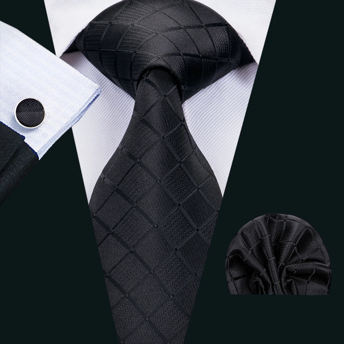 Set de Corbata Negra Elegante para Hombre con Mancuernillas y Pañuelo