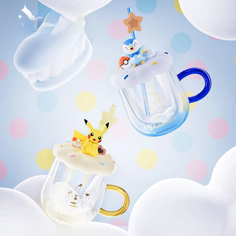 Vaso Pokémon de Cristal con Tapa y Popote Diseño Pikachu y Piplup