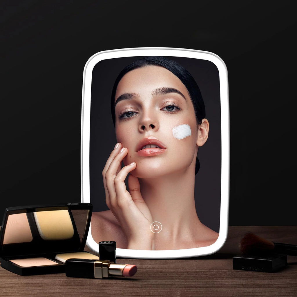 Espejo de maquillaje LED con soporte de escritorio plegable