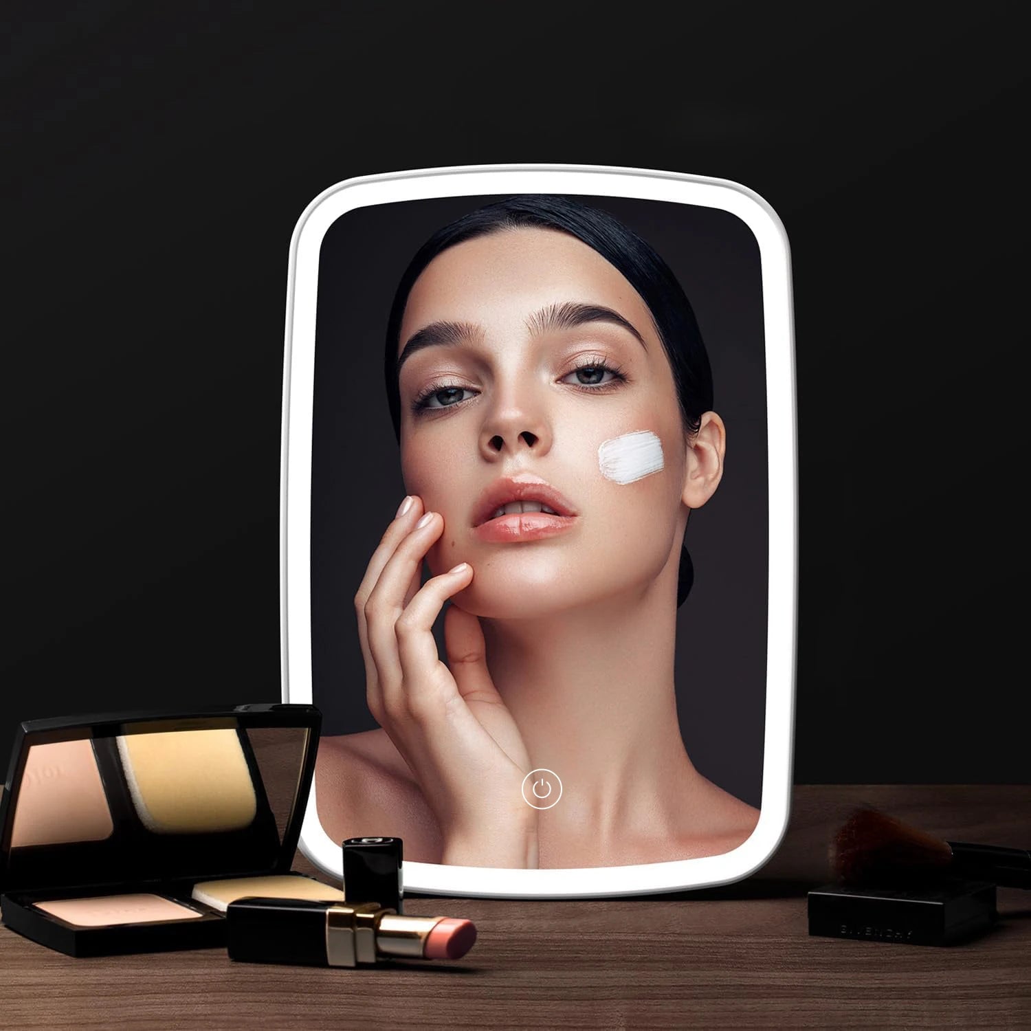 Espejo de maquillaje LED con soporte de escritorio plegable