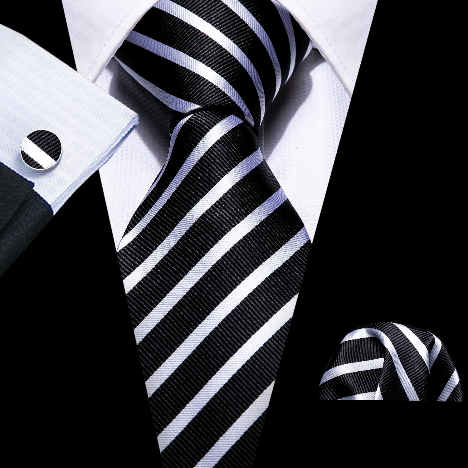 Set de Corbata Negra Elegante para Hombre con Mancuernillas y Pañuelo