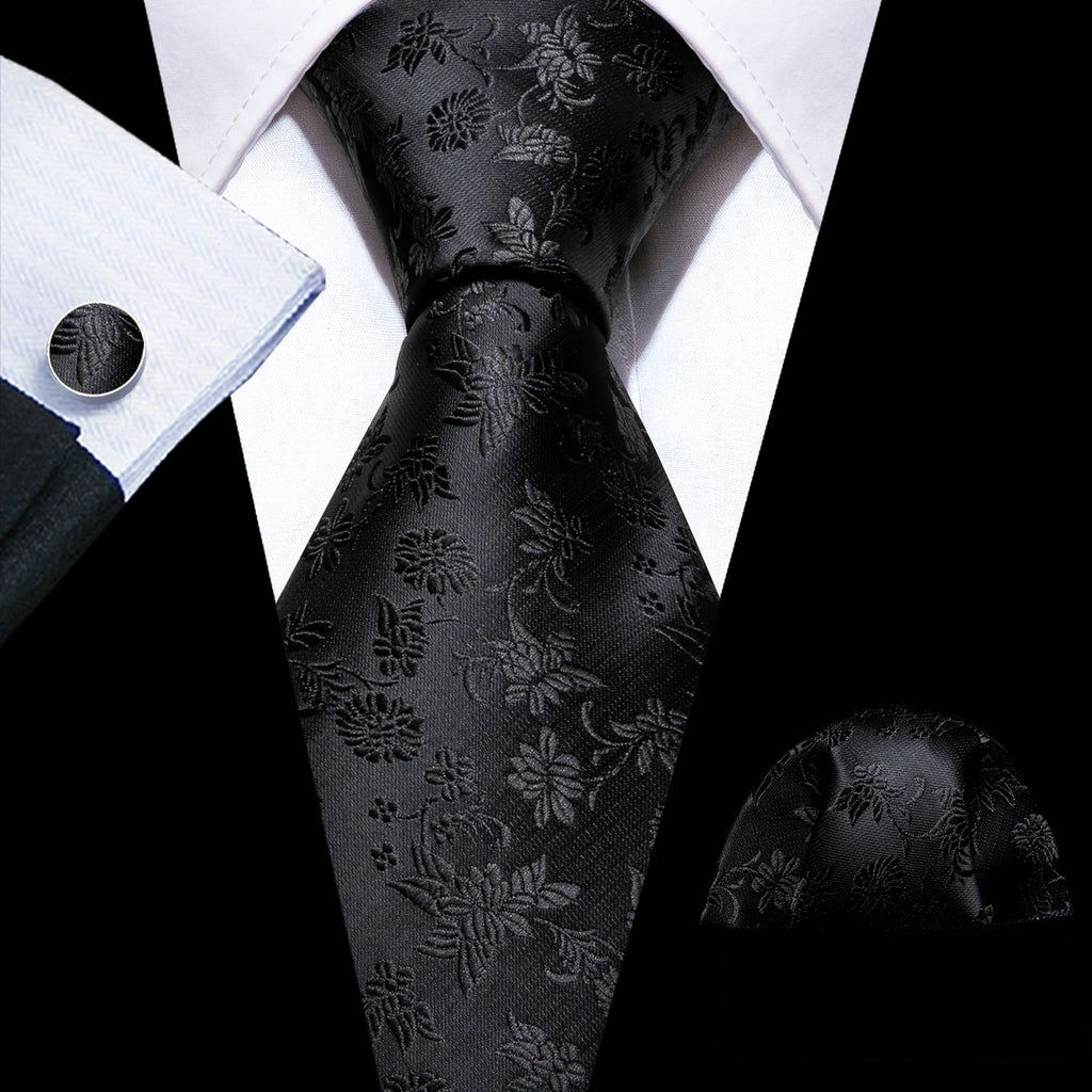 Set de Corbata Negra Elegante para Hombre con Mancuernillas y Pañuelo