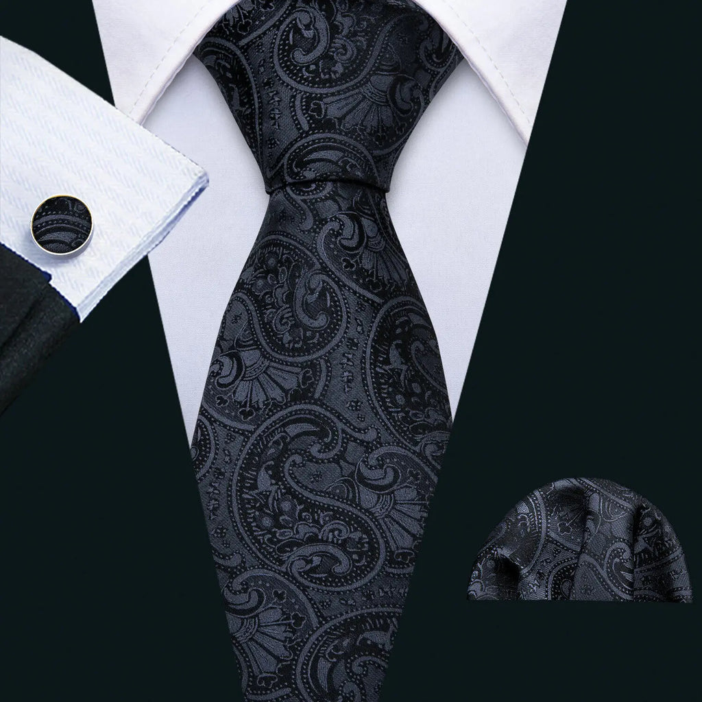 Set de Corbata Negra Elegante para Hombre con Mancuernillas y Pañuelo
