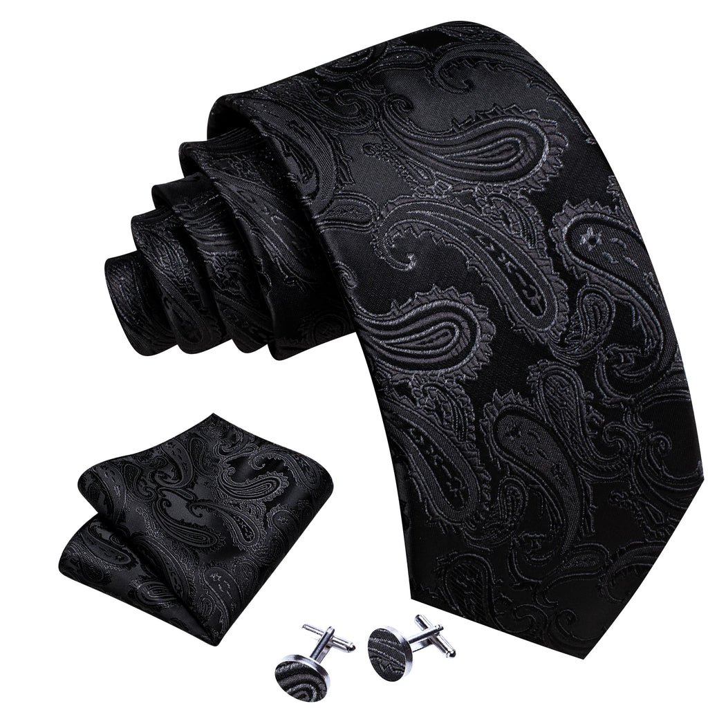 Set de Corbata Negra Elegante para Hombre con Mancuernillas y Pañuelo