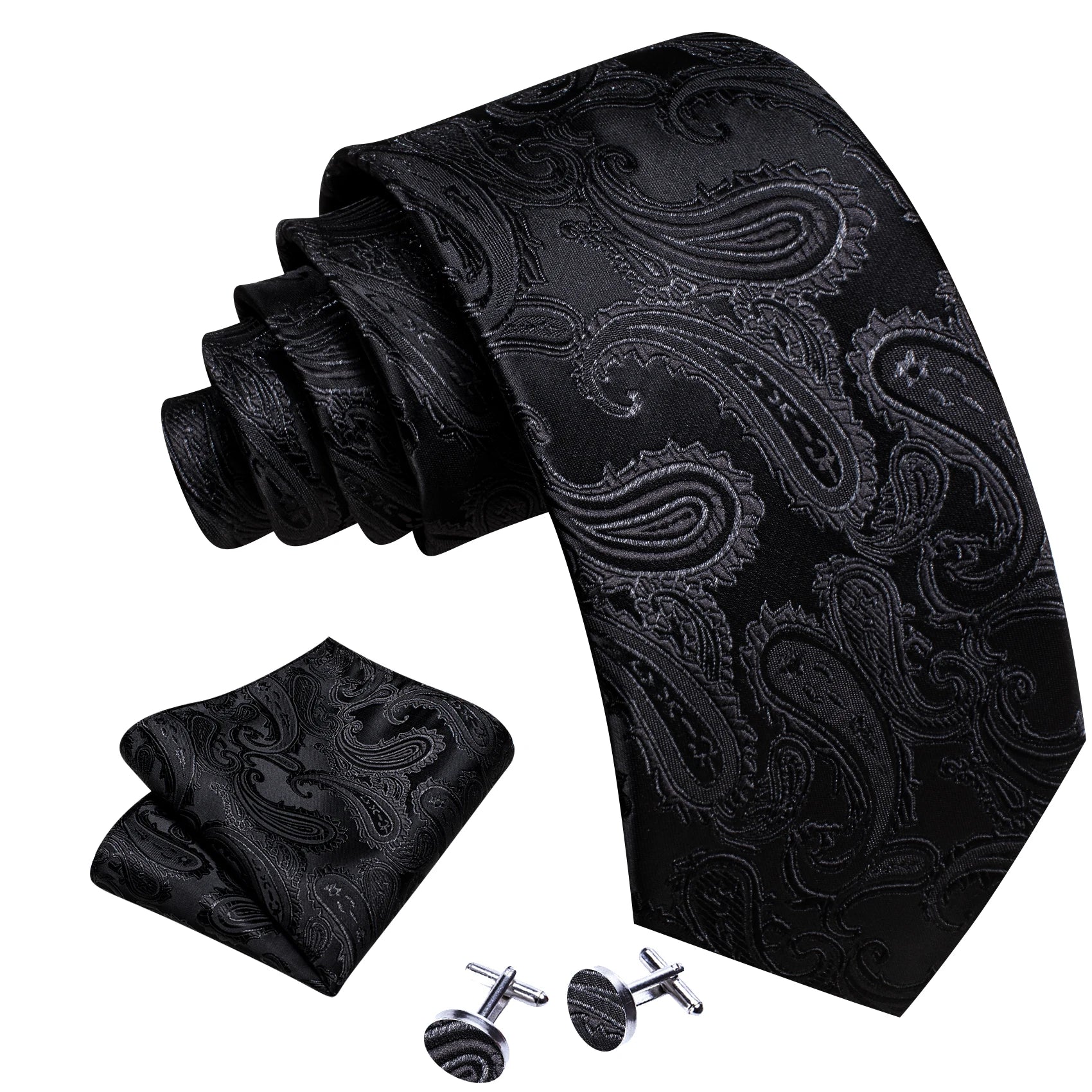 Set de Corbata Negra Elegante para Hombre con Mancuernillas y Pañuelo