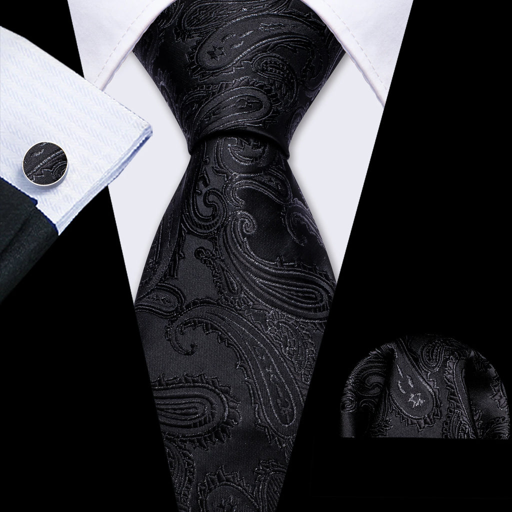 Set de Corbata Negra Elegante para Hombre con Mancuernillas y Pañuelo