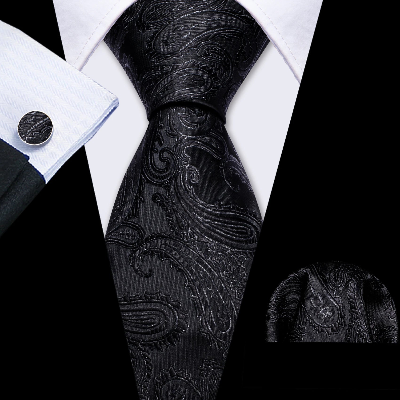 Set de Corbata Negra Elegante para Hombre con Mancuernillas y Pañuelo