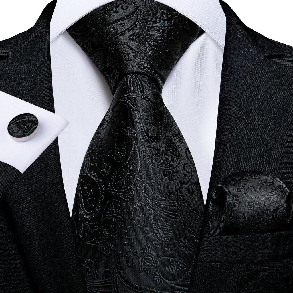Set de Corbata Negra Elegante para Hombre con Mancuernillas y Pañuelo