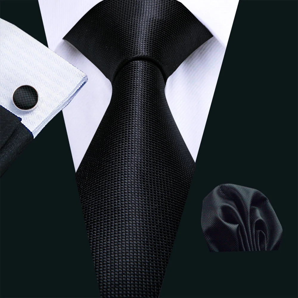 Set de Corbata Negra Elegante para Hombre con Mancuernillas y Pañuelo