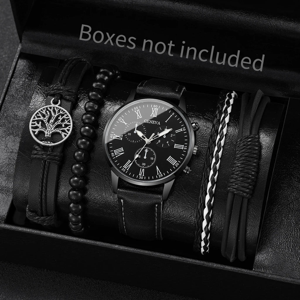 Set de Relojes para Hombre con Pulseras Vintage de Piel 4/5 Piezas