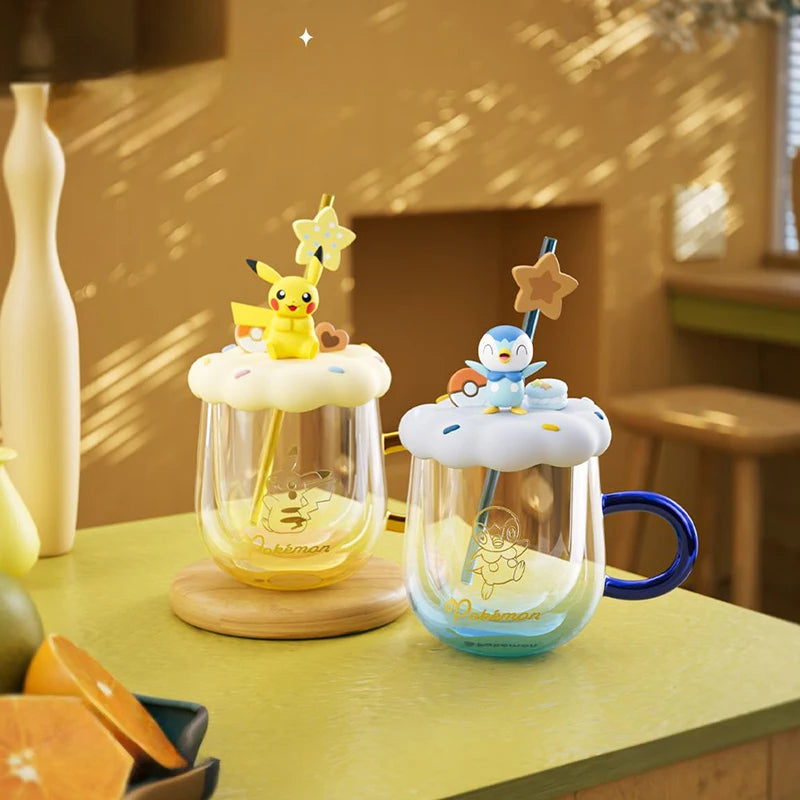 Vaso Pokémon de Cristal con Tapa y Popote Diseño Pikachu y Piplup