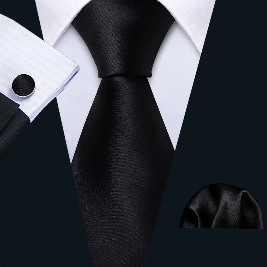 Set de Corbata Negra Elegante para Hombre con Mancuernillas y Pañuelo