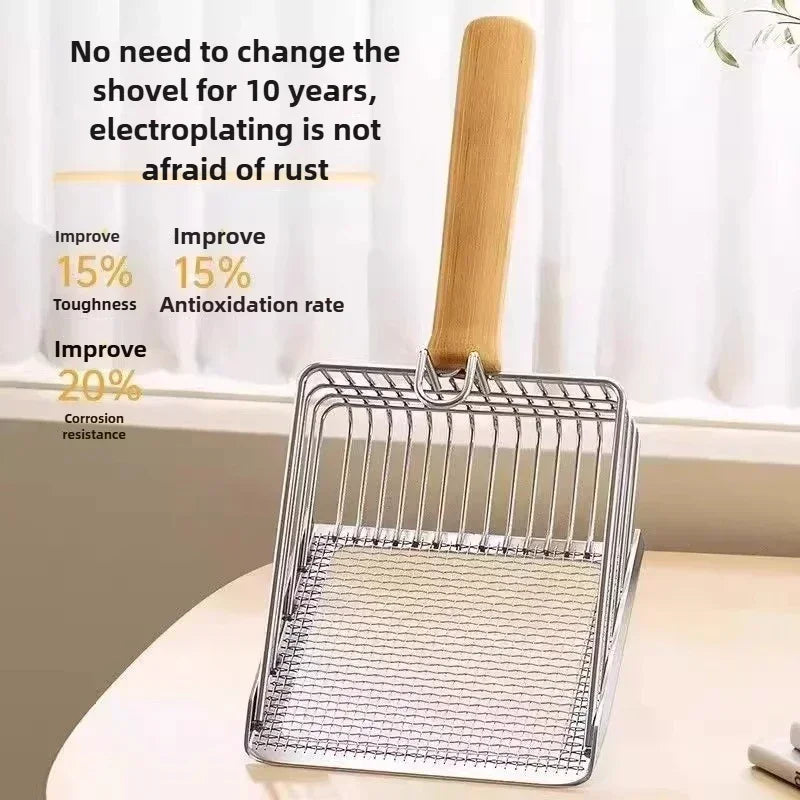 Pala de metal para arena de gatos con mango de madera