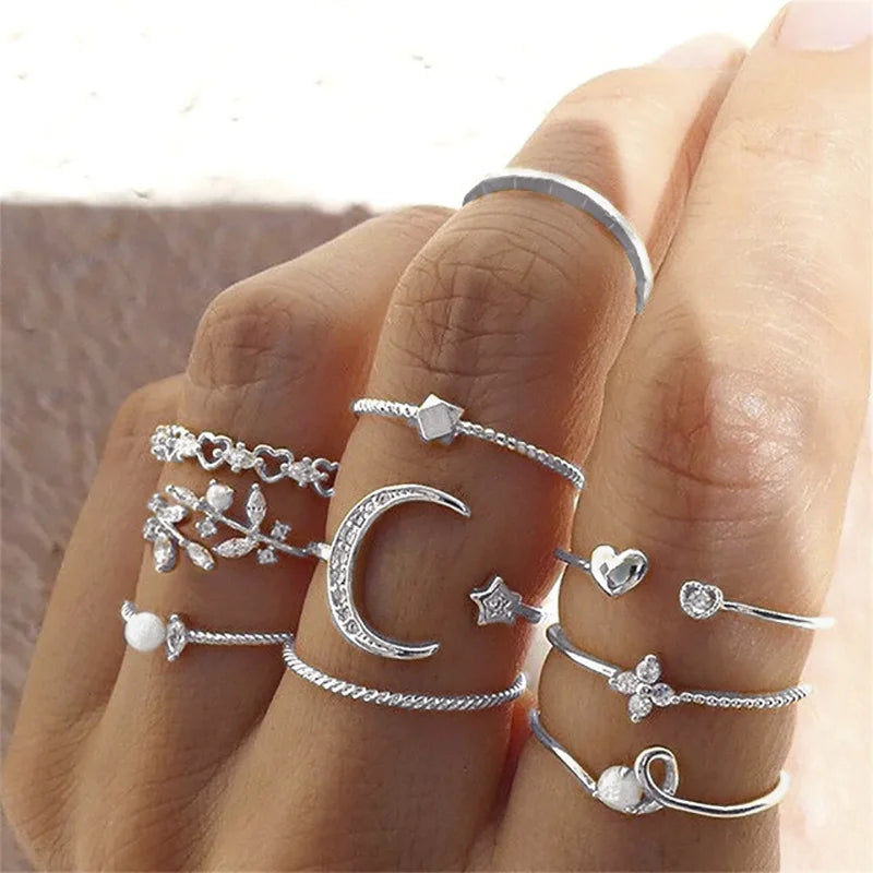 Conjunto de anillos de cristal de Color plateado para mujer