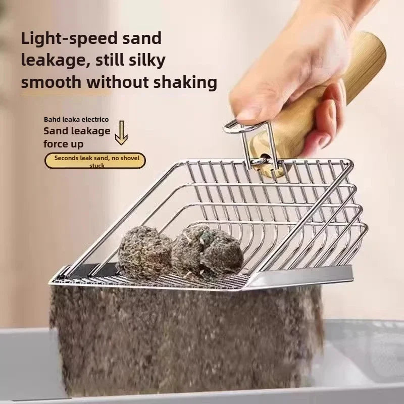 Pala de metal para arena de gatos con mango de madera